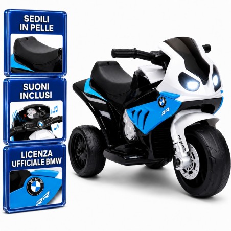 Moto Elettrica per Bambini 18-36 Mesi 6V BMW  S1000RR Sedile Pelle Suoni e Luci portata 20KG Blue
