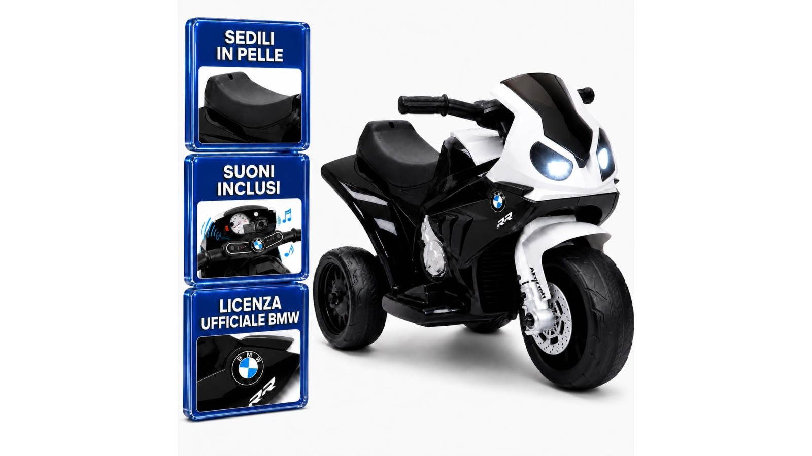 Moto Elettrica per Bambini 18-36 Mesi 6V BMW  S1000RR Sedile Pelle Suoni e Luci portata 20KG Black