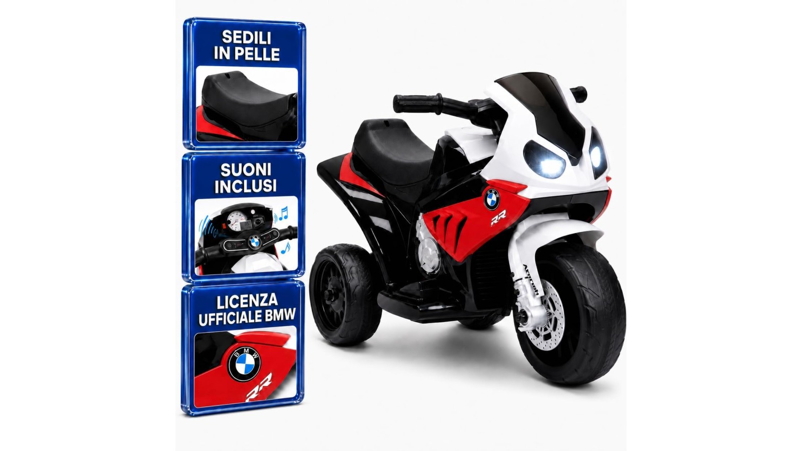 Moto Elettrica per Bambini 18-36 Mesi 6V BMW  S1000RR Sedile Pelle Suoni e Luci portata 20KG Red