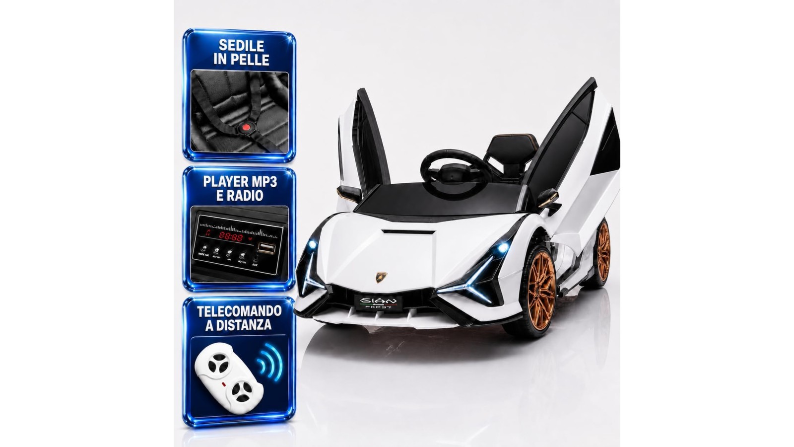 Auto Elettrica Bambini Lamborghini Sian 12V Bianca 1-4 Anni Telecomando LED