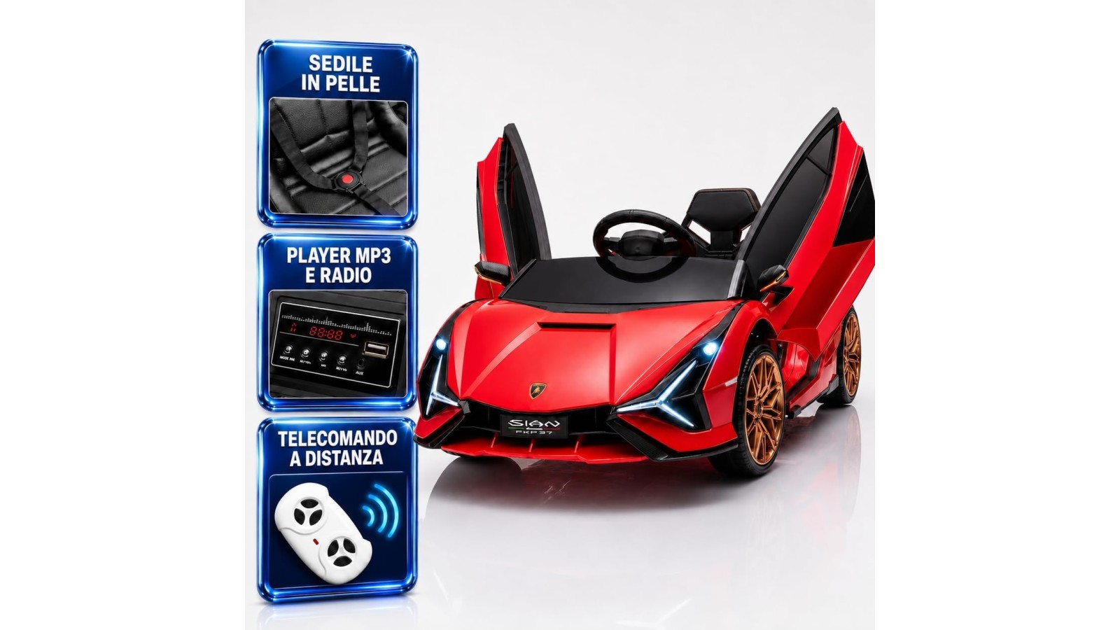Auto Elettrica Bambini Lamborghini Sian 12V Rossa 1-4 Anni Telecomando LED