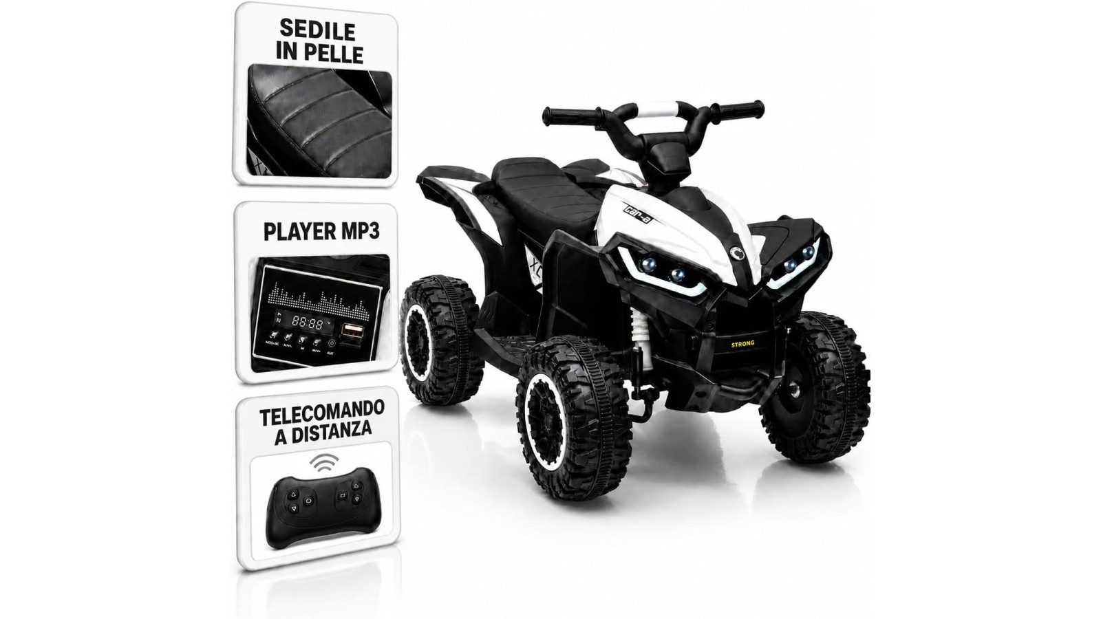 Quad Elettrico Bambini Falcon X 12V Bianco 3-5 Anni Telecomando 2 Motori LED MP3