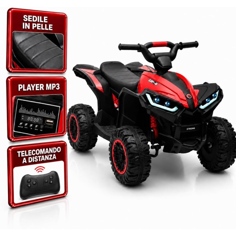 Quad Elettrico Bambini Falcon X 12V Rosso 3-5 Anni Telecomando 2 Motori LED MP3