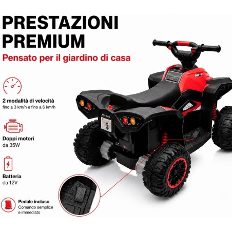 Quad Elettrico Bambini Falcon X 12V Rosso 3-5 Anni Telecomando 2 Motori LED MP3