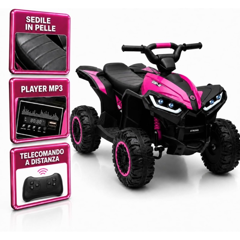 Quad Elettrico Bambini Falcon X 12V Fucsia 3-5 Anni Telecomando 2 Motori LED MP3