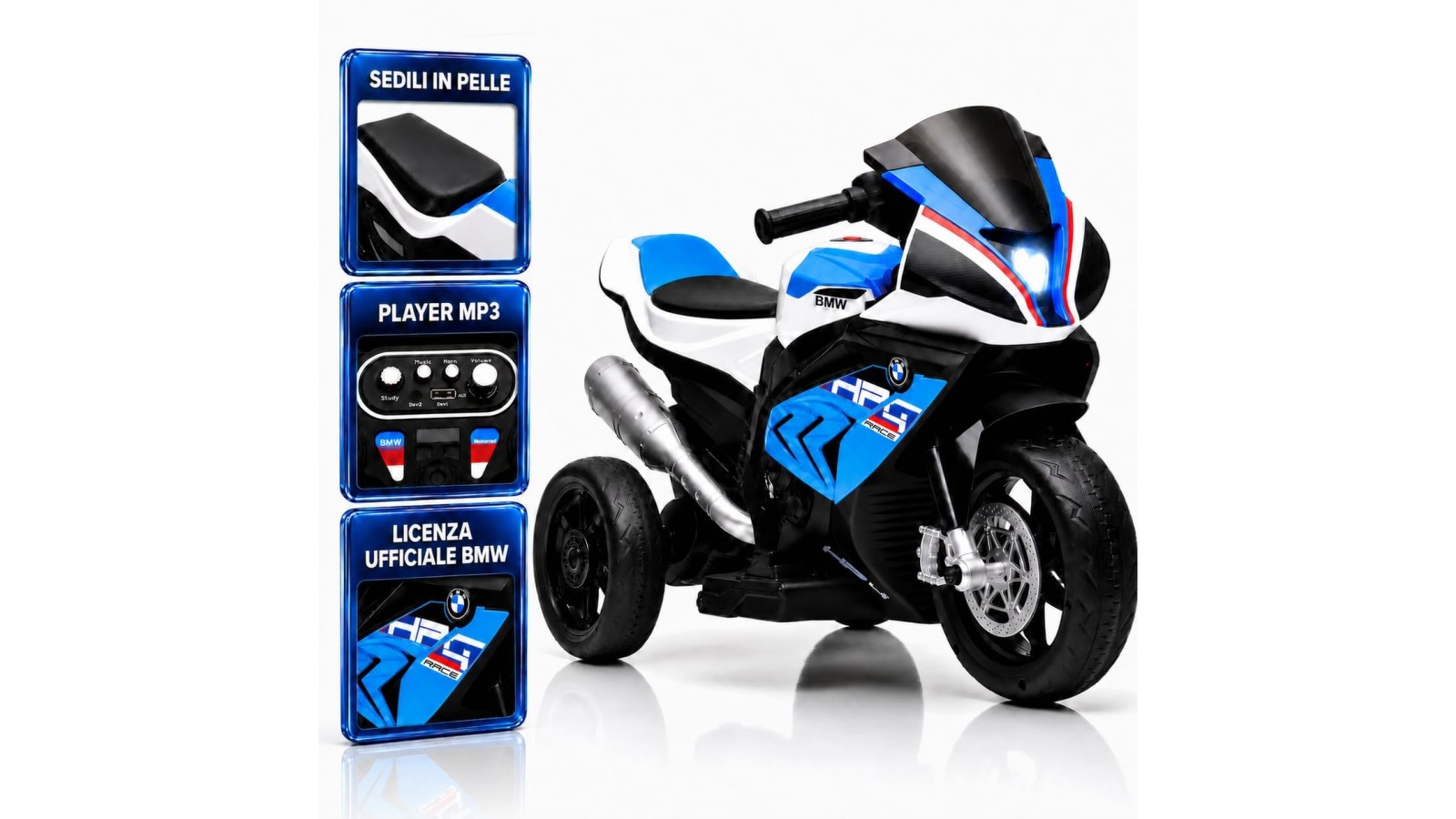 Moto Elettrica Bambini BMW HP4 Race 12V Blu 18-60 Mesi 3 Ruote LED USB