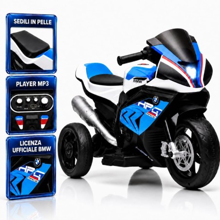 Moto Elettrica Bambini BMW HP4 Race 12V Blu 18-60 Mesi 3 Ruote LED USB