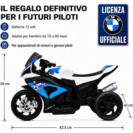 Moto Elettrica Bambini BMW HP4 Race 12V Blu 18-60 Mesi 3 Ruote LED USB