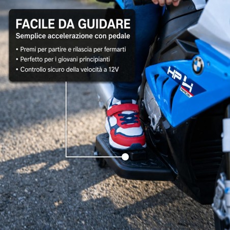 Moto Elettrica Bambini BMW HP4 Race 12V Blu 18-60 Mesi 3 Ruote LED USB