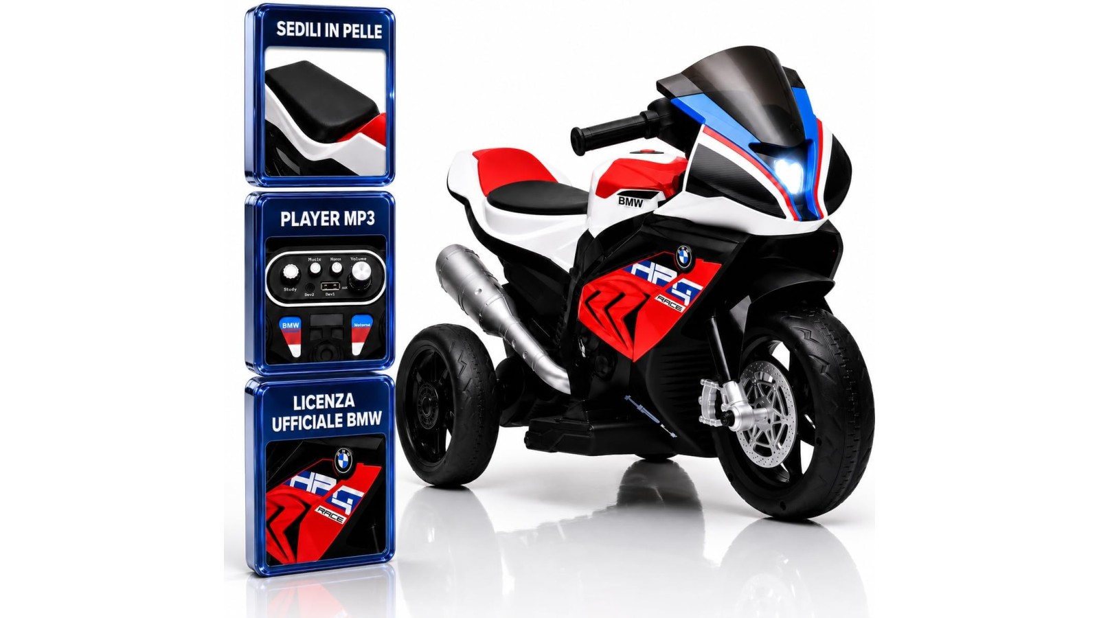 Moto Elettrica Bambini BMW HP4 Race 12V Rossa 18-60 Mesi 3 Ruote LED USB