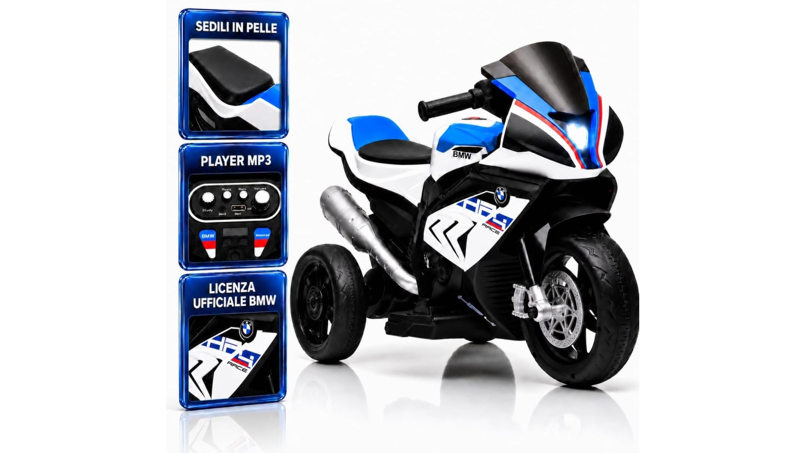 Moto Elettrica Bambini BMW HP4 Race 12V Bianca 18-60 Mesi 3 Ruote LED USB