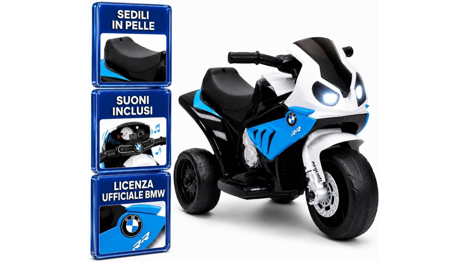 Moto Elettrica Bambini BMW S1000RR 6V Blu 18-36 Mesi 3 Ruote Pelle LED