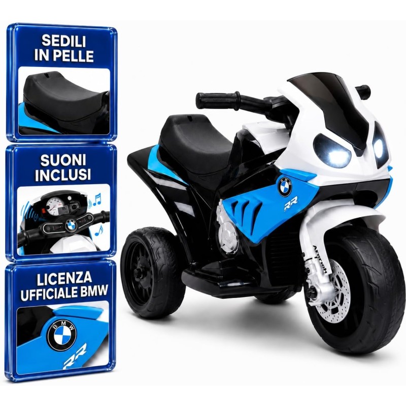 Moto Elettrica Bambini BMW S1000RR 6V Blu 18-36 Mesi 3 Ruote Pelle LED