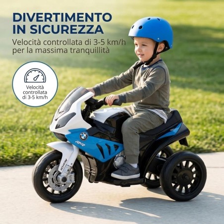 Moto Elettrica Bambini BMW S1000RR 6V Blu 18-36 Mesi 3 Ruote Pelle LED