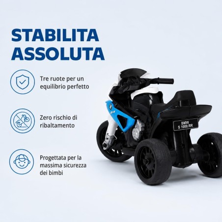 Moto Elettrica Bambini BMW S1000RR 6V Blu 18-36 Mesi 3 Ruote Pelle LED