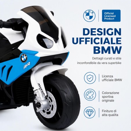 Moto Elettrica Bambini BMW S1000RR 6V Blu 18-36 Mesi 3 Ruote Pelle LED