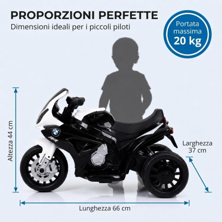 Moto Elettrica Bambini BMW S1000RR 6V Nera 18-36 Mesi 3 Ruote Pelle LED