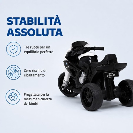 Moto Elettrica Bambini BMW S1000RR 6V Nera 18-36 Mesi 3 Ruote Pelle LED