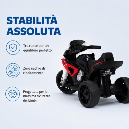 Moto Elettrica Bambini BMW S1000RR 6V Rossa 18-36 Mesi 3 Ruote Pelle LED