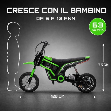 Moto Cross Elettrica Bambini Raptor X 24V 350W Verde 5-10 Anni Ruote Gonfiabili