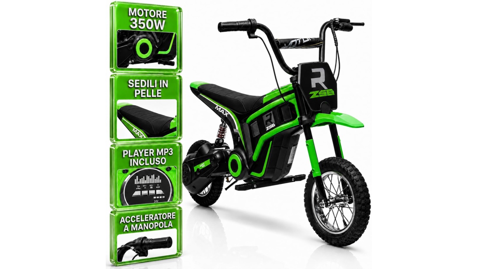 Moto Cross Elettrica Bambini Raptor X 24V 350W Verde 5-10 Anni Ruote Gonfiabili