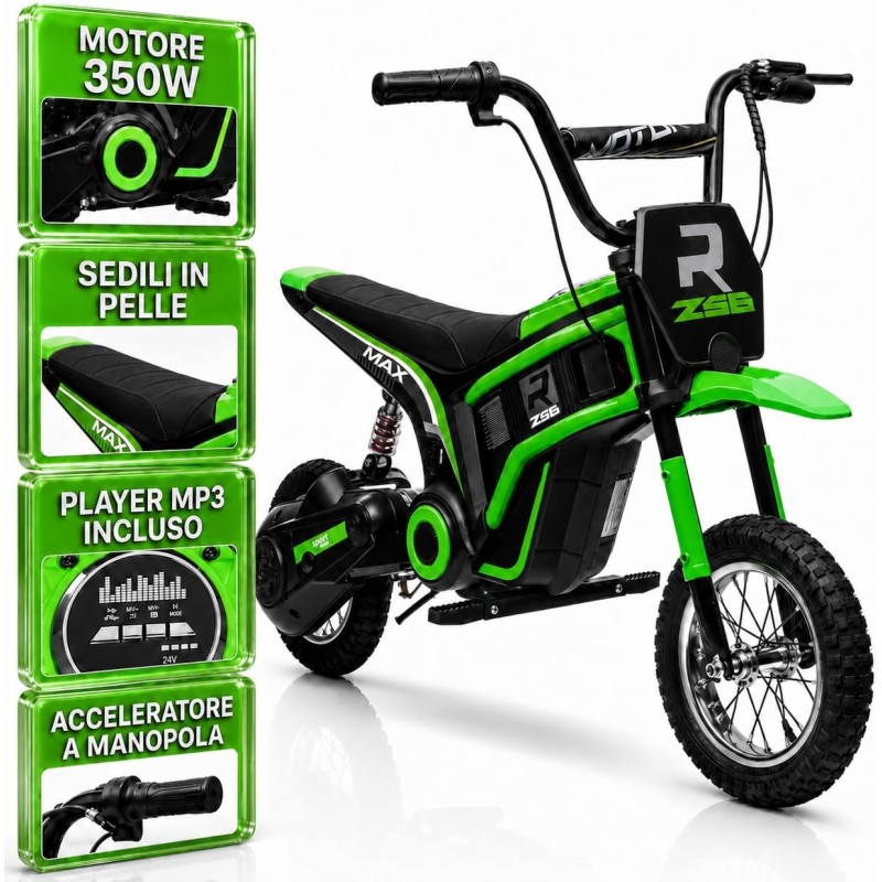 Moto Cross Elettrica Bambini Raptor X 24V 350W Verde 5-10 Anni Ruote Gonfiabili