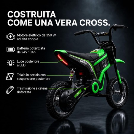Moto Cross Elettrica Bambini Raptor X 24V 350W Verde 5-10 Anni Ruote Gonfiabili