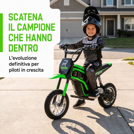 Moto Cross Elettrica Bambini Raptor X 24V 350W Verde 5-10 Anni Ruote Gonfiabili