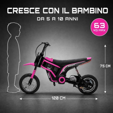 Moto Cross Elettrica Bambini Raptor X 24V 350W Rosa 5-10 Anni Ruote Gonfiabili