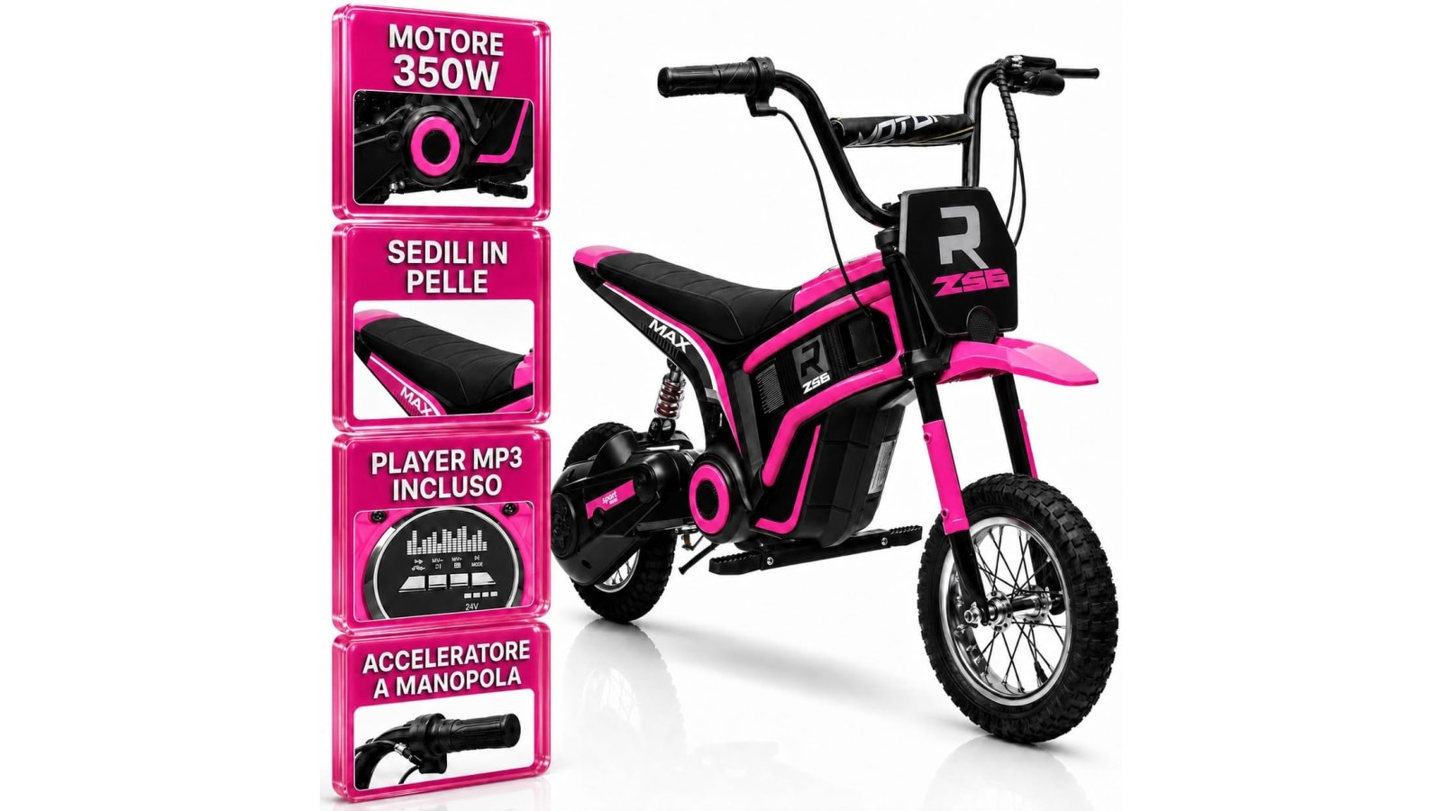 Moto Cross Elettrica Bambini Raptor X 24V 350W Rosa 5-10 Anni Ruote Gonfiabili