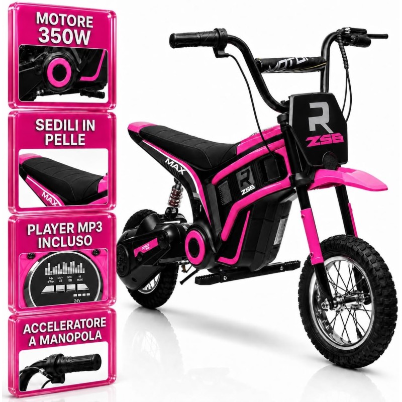 Moto Cross Elettrica Bambini Raptor X 24V 350W Rosa 5-10 Anni Ruote Gonfiabili