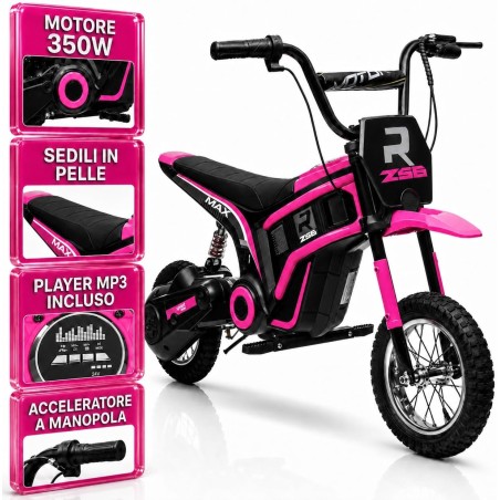 Moto Cross Elettrica Bambini Raptor X 24V 350W Rosa 5-10 Anni Ruote Gonfiabili