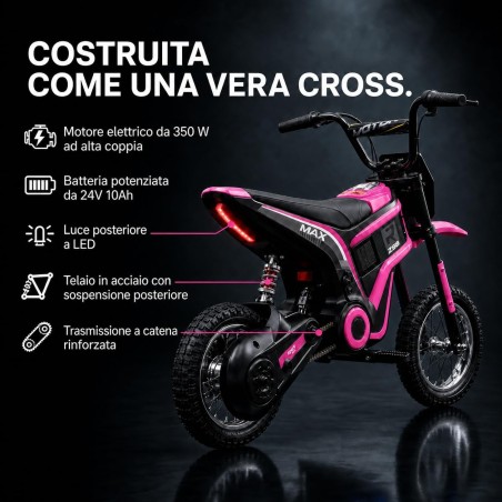 Moto Cross Elettrica Bambini Raptor X 24V 350W Rosa 5-10 Anni Ruote Gonfiabili