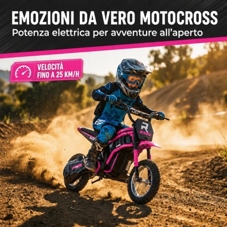 Moto Cross Elettrica Bambini Raptor X 24V 350W Rosa 5-10 Anni Ruote Gonfiabili