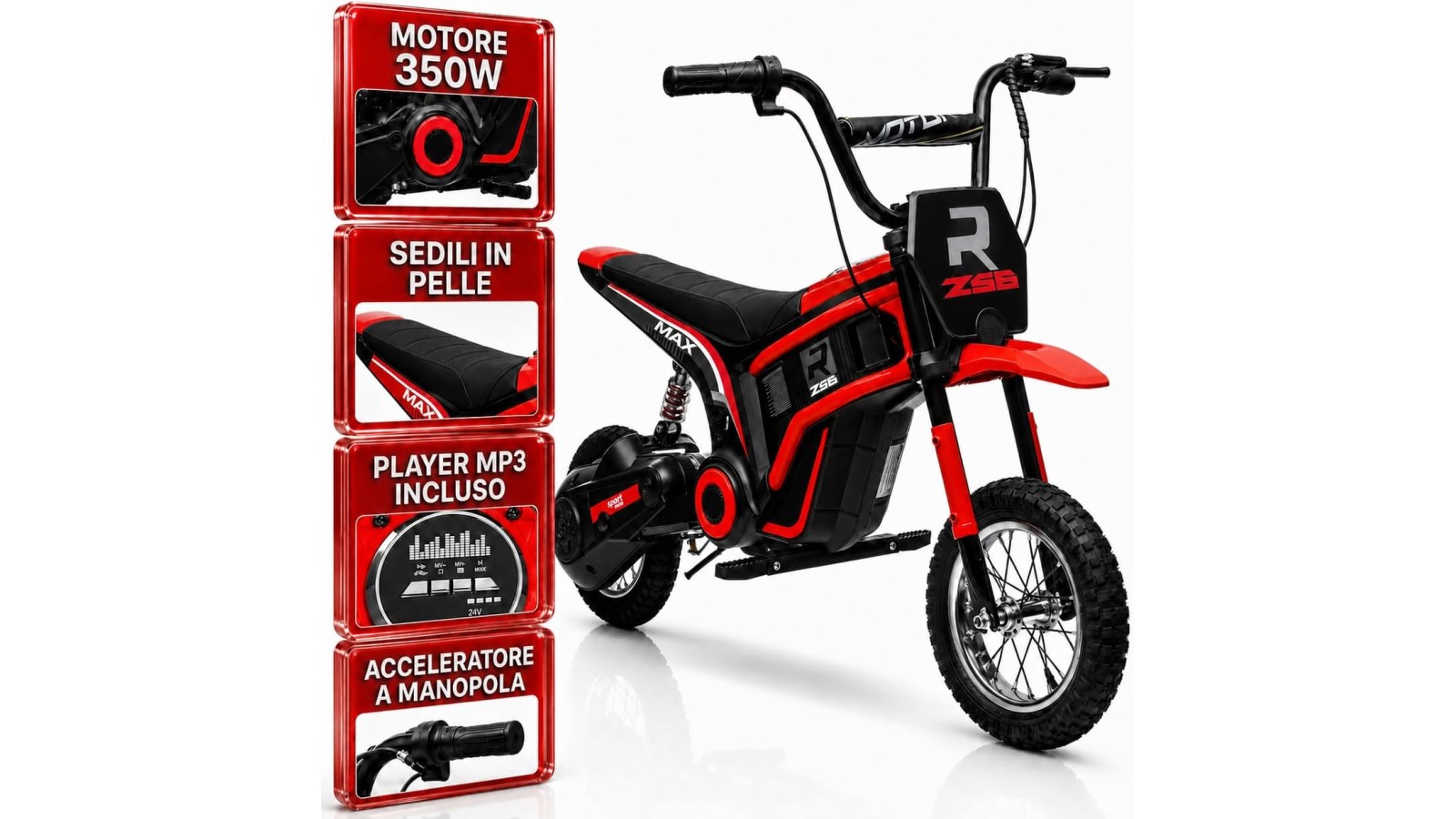 Moto Cross Elettrica Bambini Raptor X 24V 350W Rossa 5-10 Anni Ruote Gonfiabili