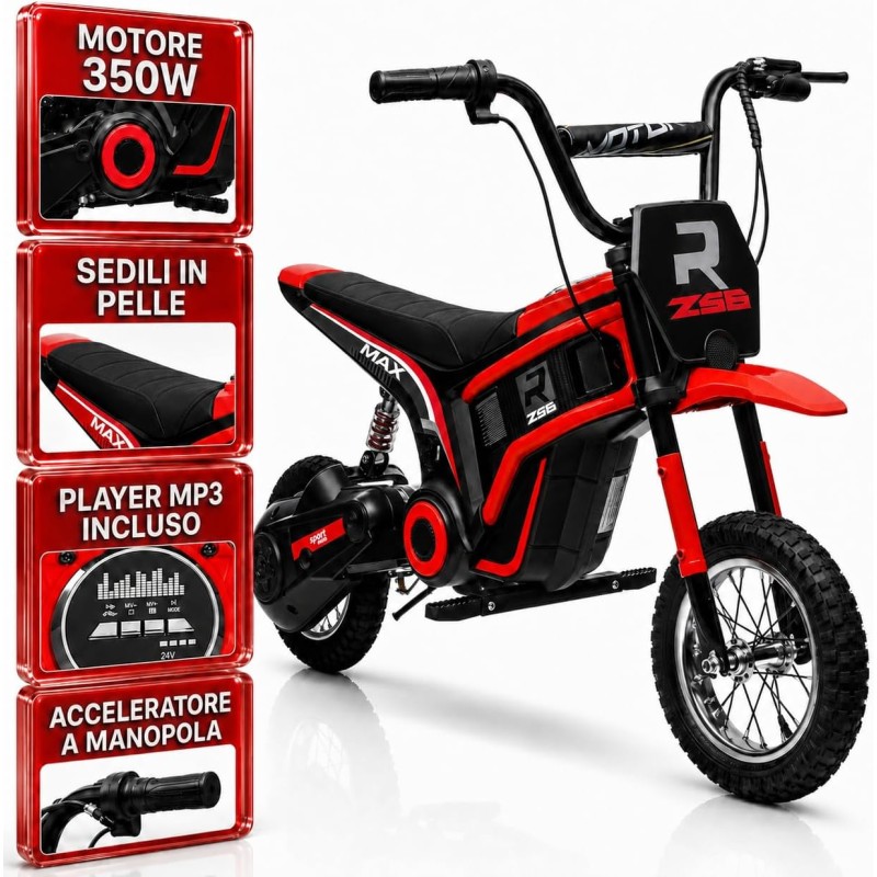 Moto Cross Elettrica Bambini Raptor X 24V 350W Rossa 5-10 Anni Ruote Gonfiabili