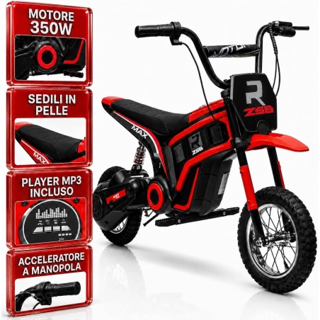 Moto Cross Elettrica Bambini Raptor X 24V 350W Rossa 5-10 Anni Ruote Gonfiabili