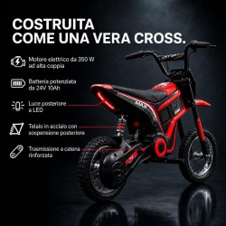 Moto Cross Elettrica Bambini Raptor X 24V 350W Rossa 5-10 Anni Ruote Gonfiabili
