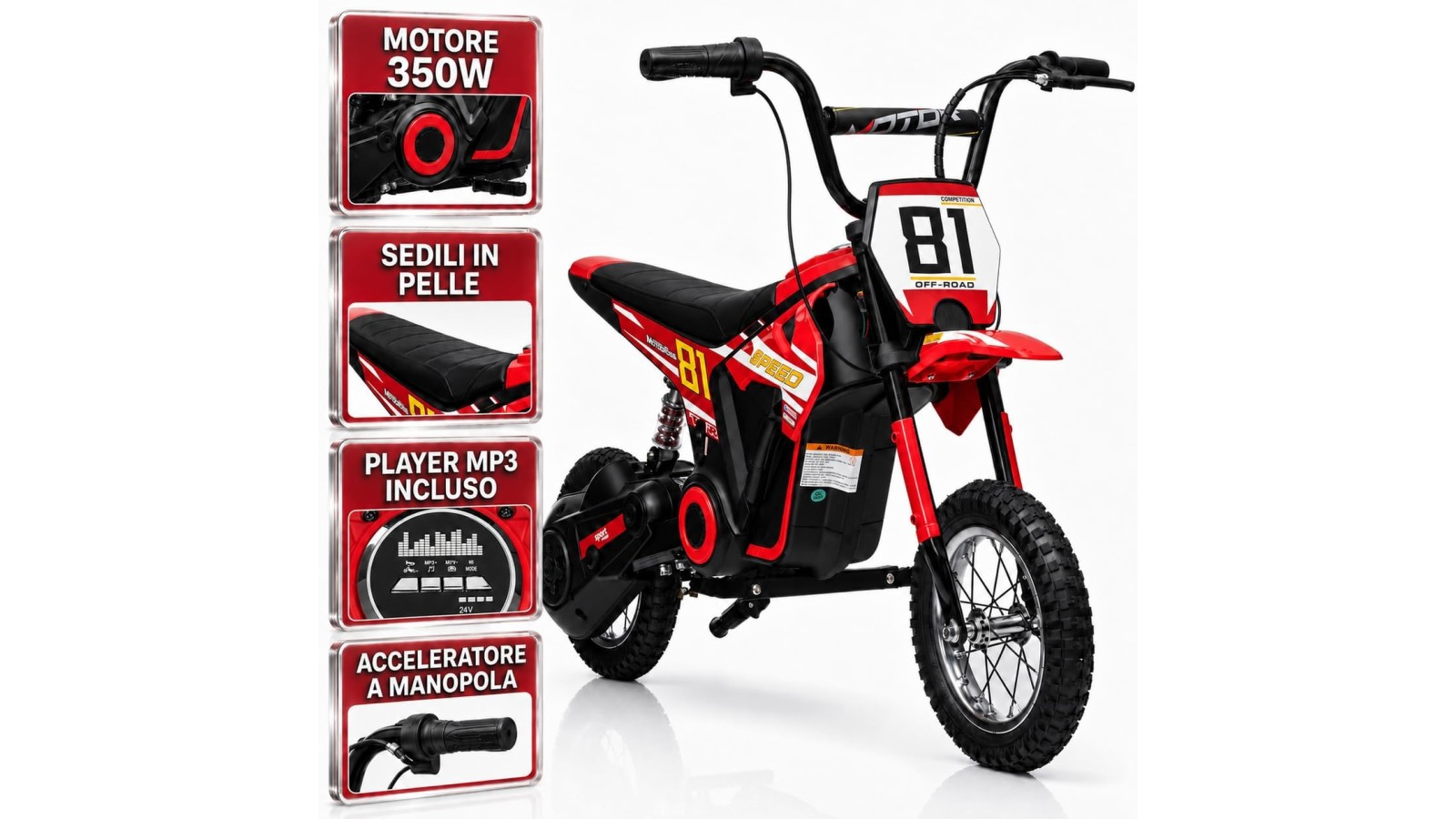 Moto Cross Elettrica Bambini Nitro GT 24V 350W Rossa 5-10 Anni Ruote Gonfiabili