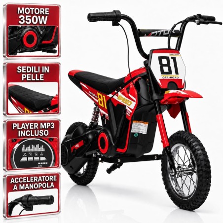 Moto Cross Elettrica Bambini Nitro GT 24V 350W Rossa 5-10 Anni Ruote Gonfiabili