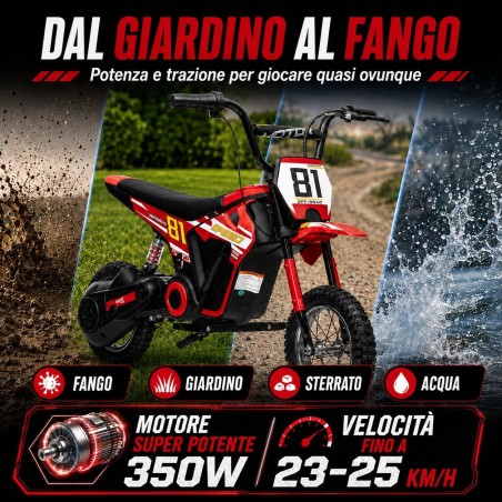 Moto Cross Elettrica Bambini Nitro GT 24V 350W Rossa 5-10 Anni Ruote Gonfiabili