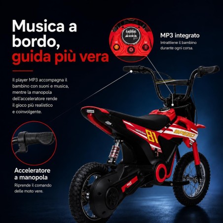 Moto Cross Elettrica Bambini Nitro GT 24V 350W Rossa 5-10 Anni Ruote Gonfiabili