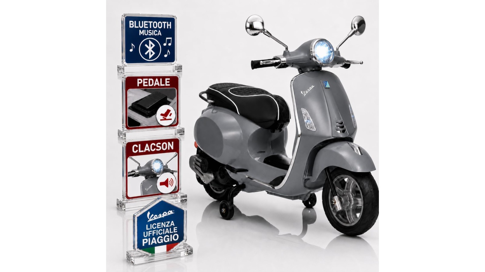 Vespa Primavera Elettrica Bambini 12V Grigia 3-6 Anni Piaggio LED Bluetooth