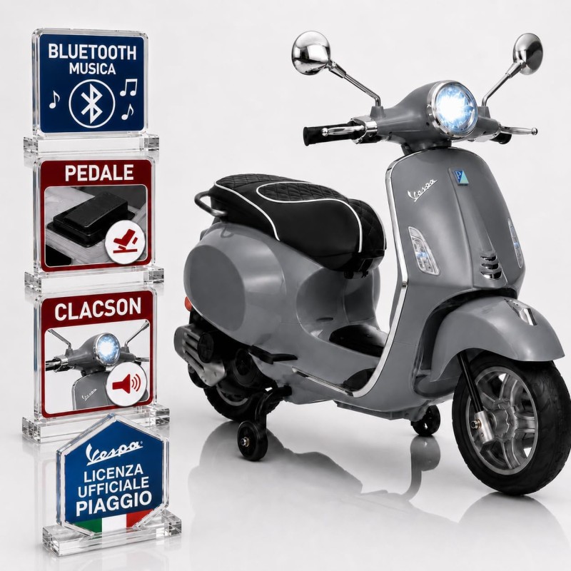 Vespa Primavera Elettrica Bambini 12V Grigia 3-6 Anni Piaggio LED Bluetooth