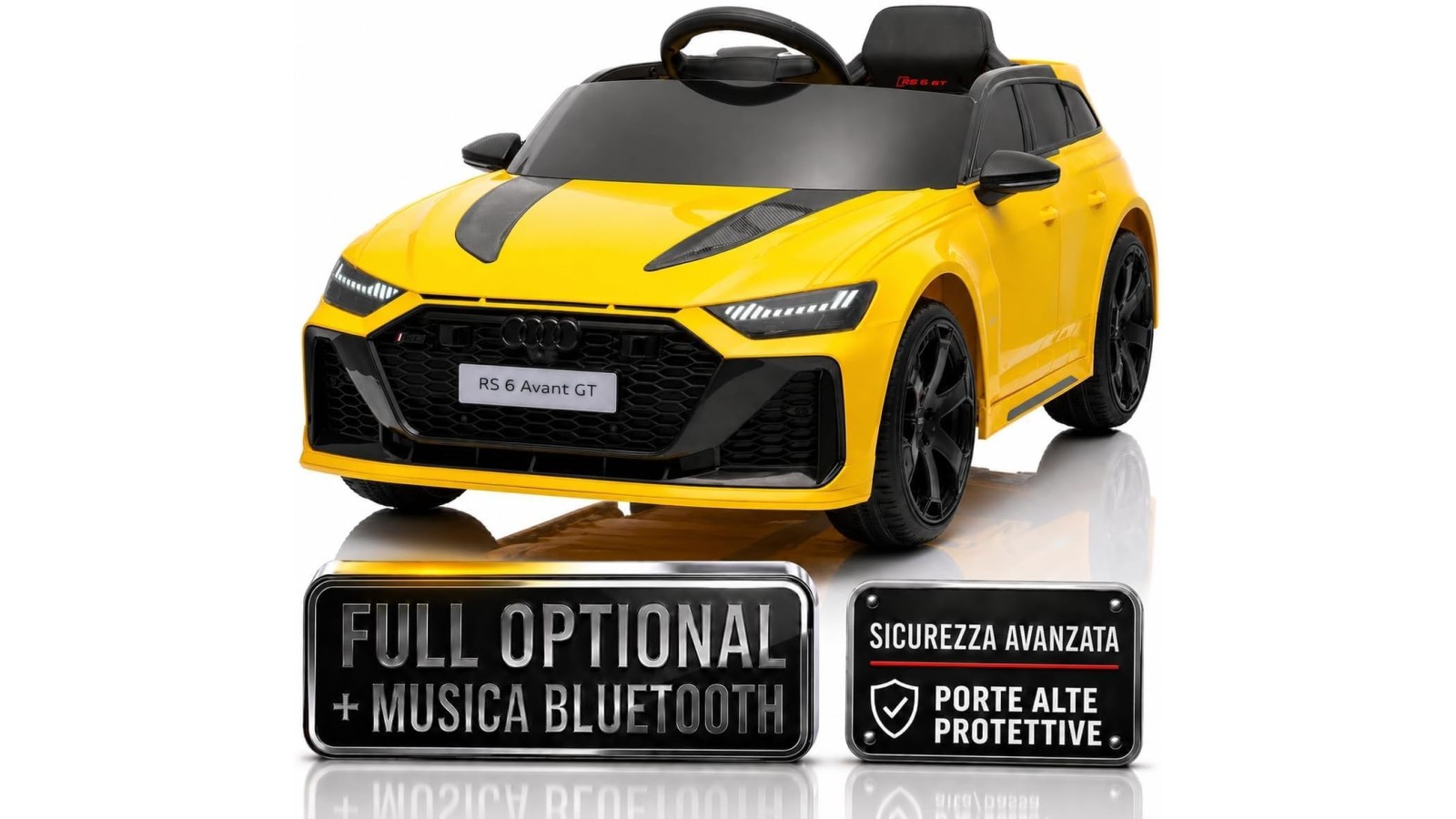 Auto Elettrica Bambini Audi RS6 Avant GT 12V Gialla 1-4 Anni Telecomando LED