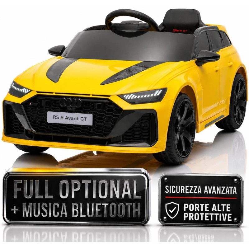 Auto Elettrica Bambini Audi RS6 Avant GT 12V Gialla 1-4 Anni Telecomando LED