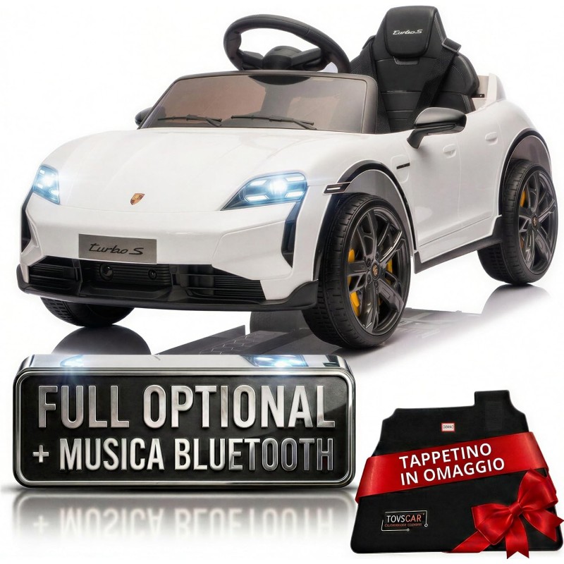 Auto Elettrica Bambini Porsche Taycan Turbo S 12V Bianca 1-4 Anni Telecomando