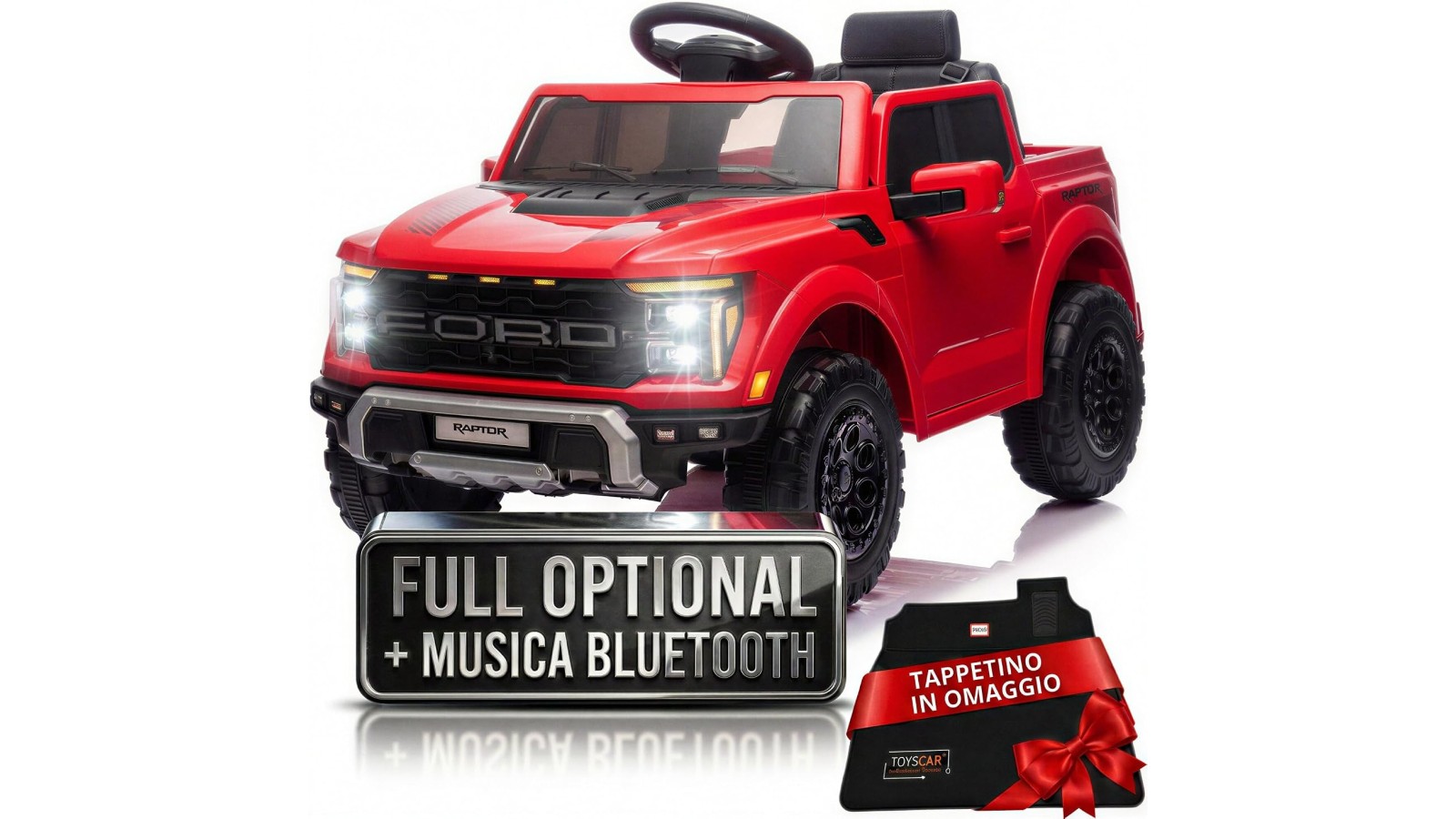 Auto Elettrica Bambini Ford Raptor 12V Rosso 1-4 Anni Telecomando LED Bluetooth