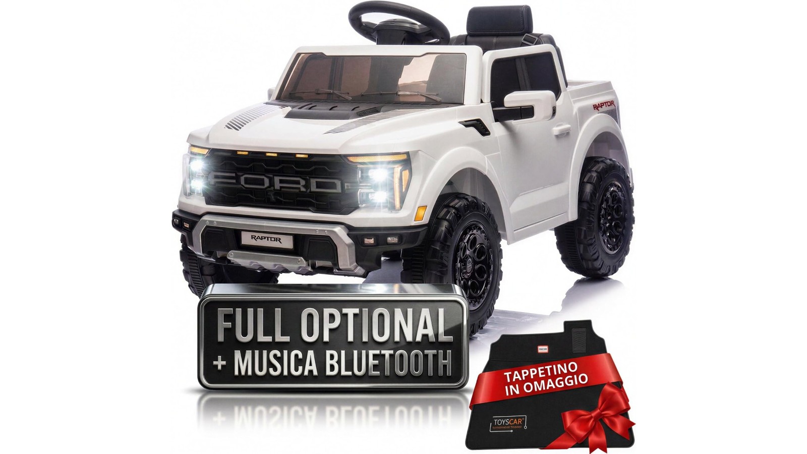 Auto Elettrica Bambini Ford Raptor 12V Bianco 1-4 Anni Telecomando LED Bluetooth