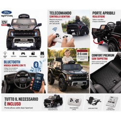 Auto Elettrica Bambini Ford Raptor 12V Nero 1-4 Anni Telecomando LED Bluetooth